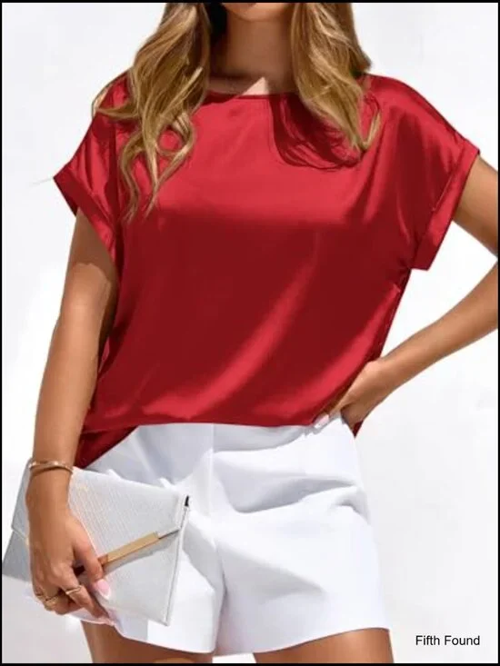 Satin Short Sleeve Blouse Crew Neck Loose Fit Business Casual Top - Picture 5 of 7